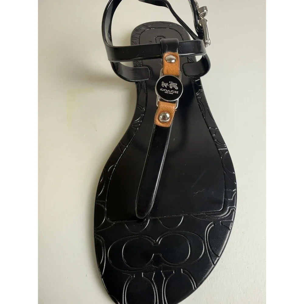 Coach Women’s Black Thong Sandals T-Strap Ankle Strap Buckle Logo US 8B